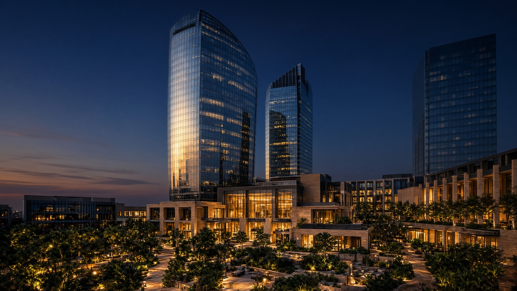 A contemporary mixed-use development at dusk